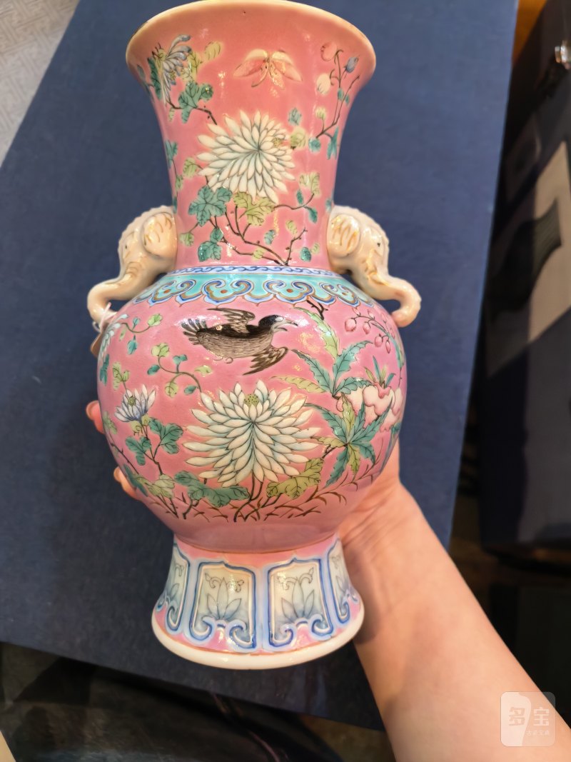 清光绪 胭脂红底粉彩双象耳瓶 - 图8